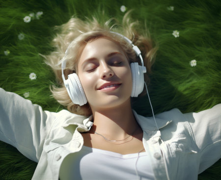 Grass woman music enjoy natural earphones summer alone background green meditation portrait listen lifestyle song entertainmentの素材