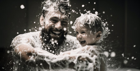 Bathroom father girl boy smiling childhood water together hygiene family morning children creamの素材