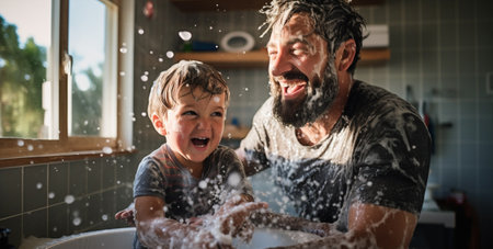 Father morning happy water toddler bathroom male family children smiling leisure childhood together cream twoの素材