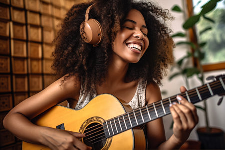 woman beauty attractive lifestyle teenager home portrait young musical guitar happy. Generative AI.の素材