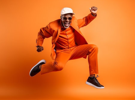 Black man stylish orange guy fashion jump handsome ethnicity multiethnic adult trendy funny style positiveの素材