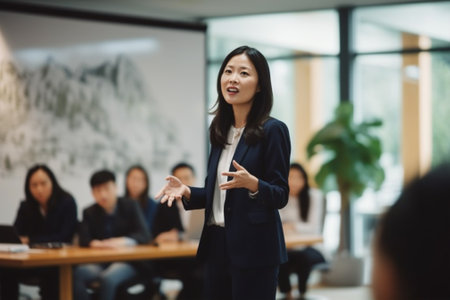 Woman leadership leader career business success businesswoman group teamwork person employee young standing asian office japaneseの素材