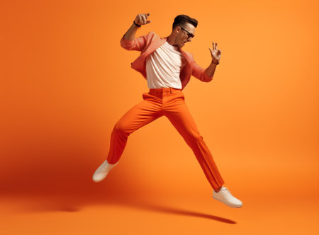 Man fashion stylish style jump handsome black lifestyle orange guy adult air one trendyの素材