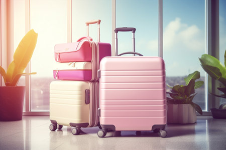 Bag traveler suitcase pink business baggage departure packing arrival vacation waiting tripの素材