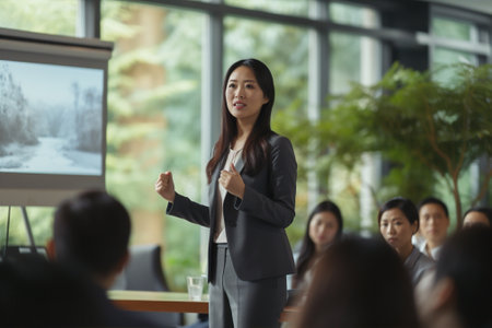Presentation woman corporate business office person asian sitting businesswoman young teamwork group employeeの素材