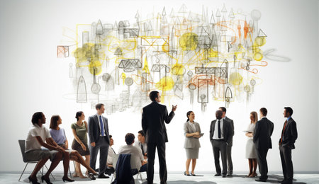 Work business strategy desk person meeting table teamwork office businessman brainstorming communication groupの素材