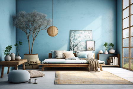 home blue wall modern armchair room apartment interior design sofa furniture. Generative AI.の素材