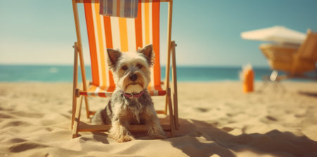 dog beach chair lazy pet relax vacation summer funny sunglasses. Generative AI.の素材