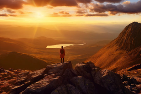 man woman backpack nature standing landscape back mountain hiker travel adventure holiday. Generative AI.の素材