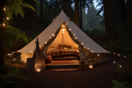 vacation tent camping light luxury forest glamping canvas travel nature. Generative AI.の素材