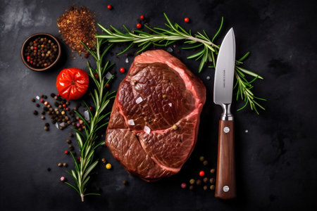 raw meat background red food steak dark top beef fried grill. Generative AI.の素材