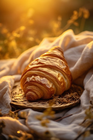bread food background drink croissant table cup bokeh background morning bakery breakfast. Generative AI.の素材
