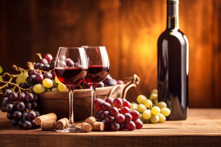 food winery wine bottle grapevine glass grape alcohol background drink beverage. Generative AI.の素材