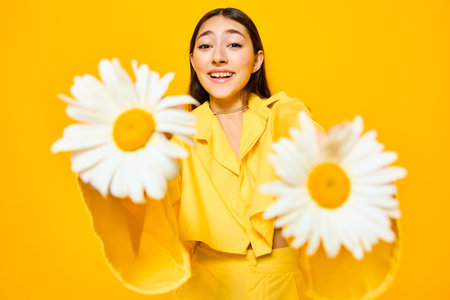 woman chamomile smile portrait fashion flower model happiness young yellow prettyの写真素材