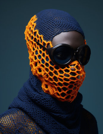 Fashion woman portrait black mask beauty caucasian make-up looking masquerade person model art knitted yellow darkの素材