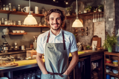 service apron portrait waiter person occupation owner business bar barista. Generative AI.の素材