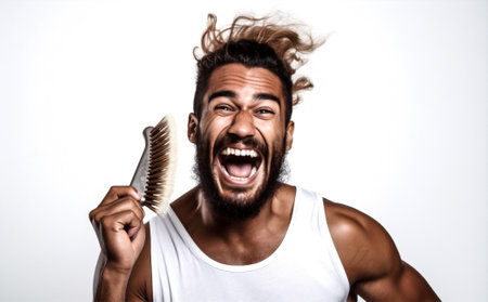 man hairdresser hairstyle white surprised hair studio background beauty comb barber caucasian. Generative AI.の素材