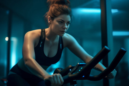 woman night bike athletic gym physical training exercise sport fitness lifestyle. Generative AI.の素材