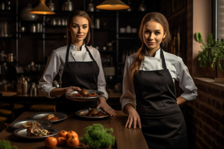 standing woman waiter portrait indoors job holding food dish smile restaurant. Generative AI.の素材