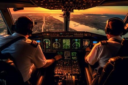aircraft aviation plane captain pilot travel flight cockpit transportation airplane. Generative AI.の素材