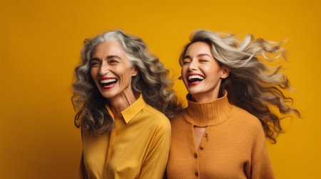 females horizontal daughter laughing cheerful women portrait grandmother smiling friendship happiness. Generative AI.の素材