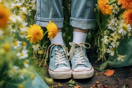 fashion woman grass female spring lifestyle green white flowers sneakers leisure. Generative AI.の素材