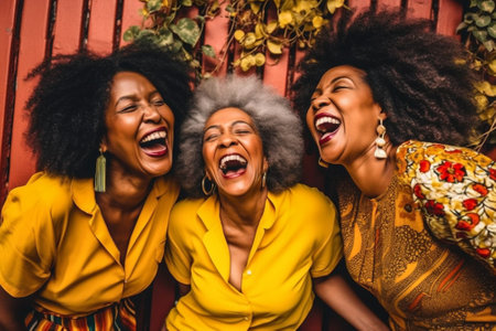 females african happy young group yellow american fun friends laugh lifestyle. Generative AI.の素材