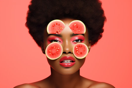 Woman portrait fashion watermelon color young diet beauty attractive art food concept red model treatmentの素材