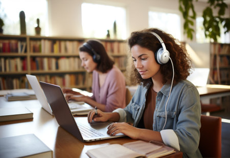 Earphones woman teenager businesswoman casual course office video laptop indoors education online freelance lectureの素材