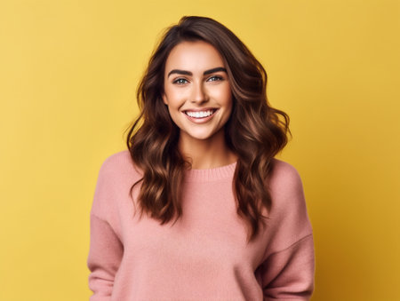 smile woman model young beauty hair attractive portrait trendy pink yellow. Generative AI.の素材