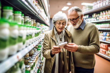 woman man shopping lifestyle old shelf retail elderly food consumerism store supermarket. Generative AI.の素材