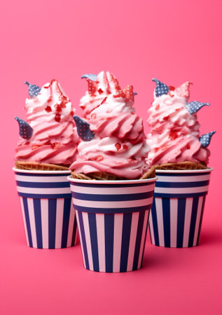 Pink delicious cream vanilla food strawberry sweet cone colorful blue background summer dessert ice hipsterの素材