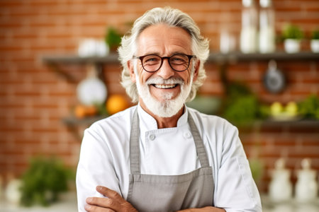 standing man chef service apron food person caucasian portrait restaurant kitchen. Generative AI.の素材