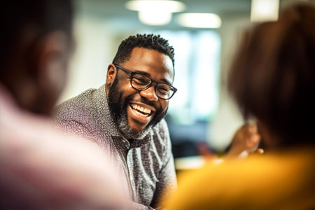 woman man happy friend indoor freelancer group friendship african american cafe talking. Generative AI.の素材