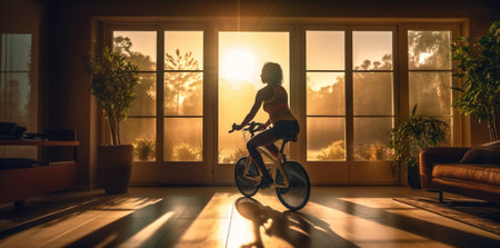 background woman gym sport fit cardio training cycling exercise workout fitness girl. Generative AI.の素材