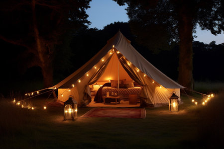nature light luxury travel vacation glamping canvas forest camping tent. Generative AI.の素材