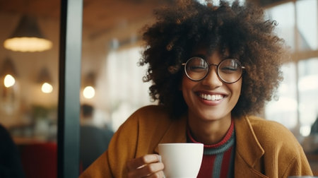 Woman mug black afro home hot young break drink american lifestyle smile attractive happy cupの素材