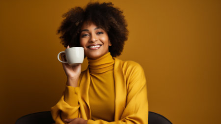 Lifestyle woman cheerful smile drinking happy hair holding background attractive beauty curly cup pink model blackの素材