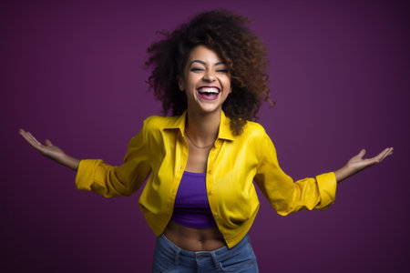 Hairstyle woman hair violet expression curly fashionable beauty studio person portrait afro yellowの素材