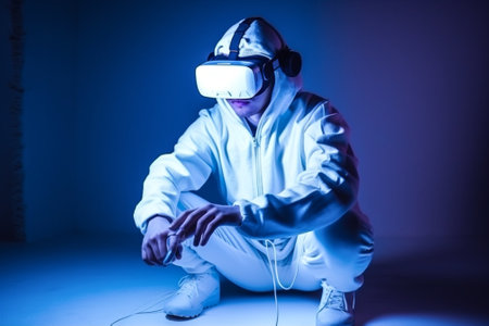 man modern vr 3d background gamer technology digital virtual young visual cyber. Generative AI.の素材