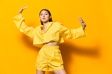 attractive woman yellow model beautiful girl lovely lifestyle trendy young fashionの写真素材