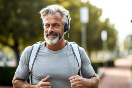 run men fitness outdoors earphones lifestyle old health sport exercising caucasian. Generative AI.の素材