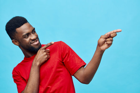 man guy american fashion teeth african portrait african american red black background blueの写真素材