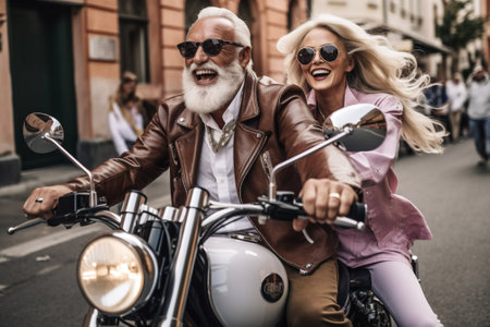man woman motorcycle pretty bike old smile fun beige cheerful trip friendship. Generative AI.の素材