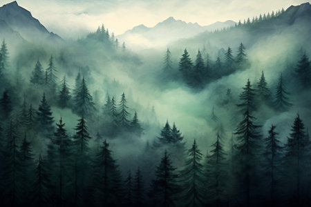 Travel wood summer morning fir fog mountain nature landscape mist hill trees forest sunrise blueの素材