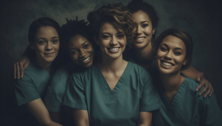 nurse portrait caucasian friends health black beauty group doctor women clinic. Generative AI.の素材