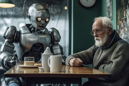 together sitting talking son senior father robot family couch men old. Generative AI.の素材