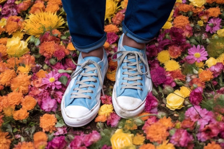 woman fashion flowers sneakers grass lifestyle leg female spring green white. Generative AI.の素材