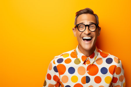 Silly man portrait dots hipster trendy cheerful style concept happiness polka success background caucasian fashion crazy handsome smilingの素材