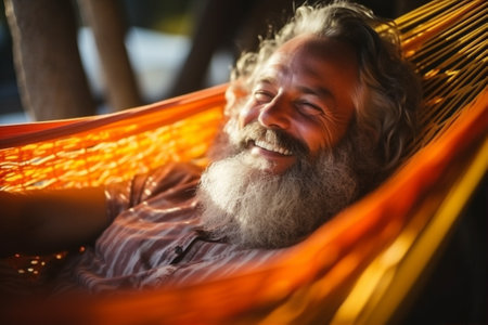 Leisure man paradise freedom smiling hammock relaxation happiness outdoors sunny lying tree summer vacationの素材